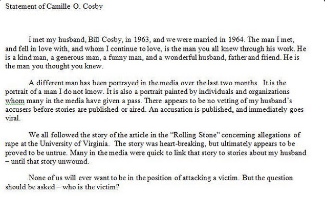 Camille Cosby Releases Statement